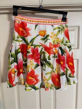 Alania White Skater Skirt with Red & Yellow Floral Pattern